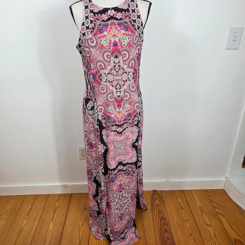 London Times Sheath Dress Womens 10 Pink Black Paisley Floral Boho Hippie Halter - Picture 2 of 7